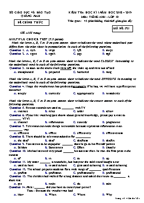 Đề kiểm tra học kỳ I môn Tiếng Anh Lớp 10 - Mã đề 521 - Năm học 2018-2019 - Sở giáo dục và đào tạo Quảng Nam